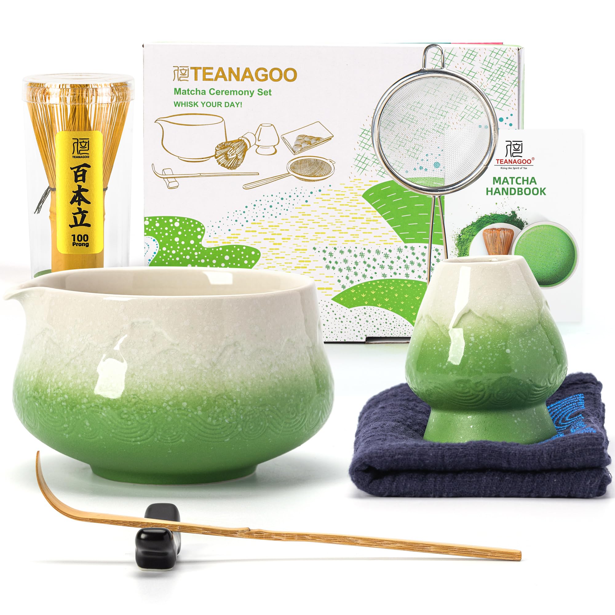 TEANAGOO 7 Pcs Matcha Set,Green Matcha Whisk Set, Ceremony Matcha Powder Kit,Matcha Tea Set for Making Latte,Matcha Whisk Set and Bowl with Scoop&Sifter,Fuji Design Ceramic Bowl,Gift for Matcha Lovers