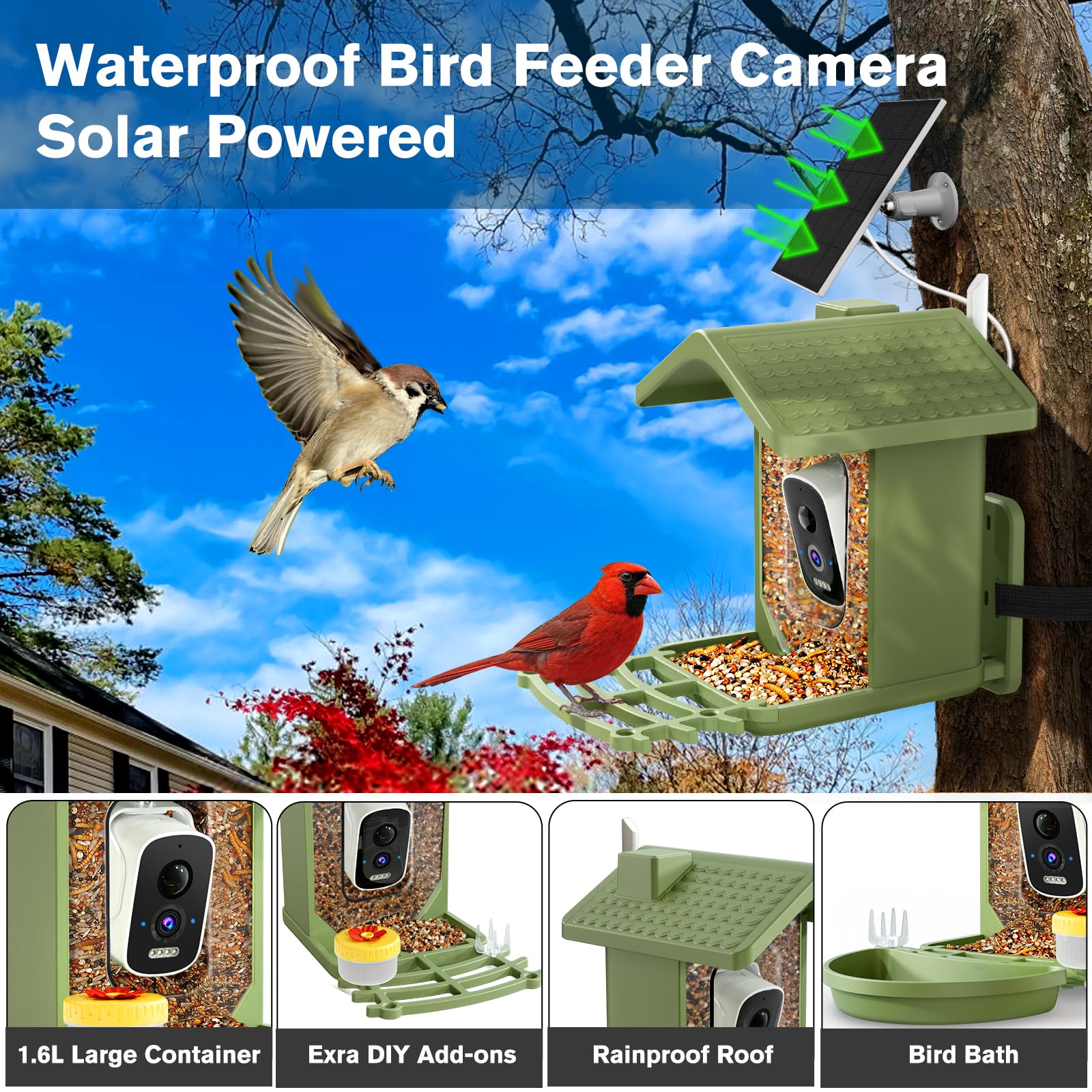 Smart Bird Feeder with Camera Solar Powered, AI Birds Species Identification, 2.5K HD Video Bird House with Camera for Outside, Weatherproof Design Ideal Gifts for Christmas, Bird Lovers, Green - Image 4