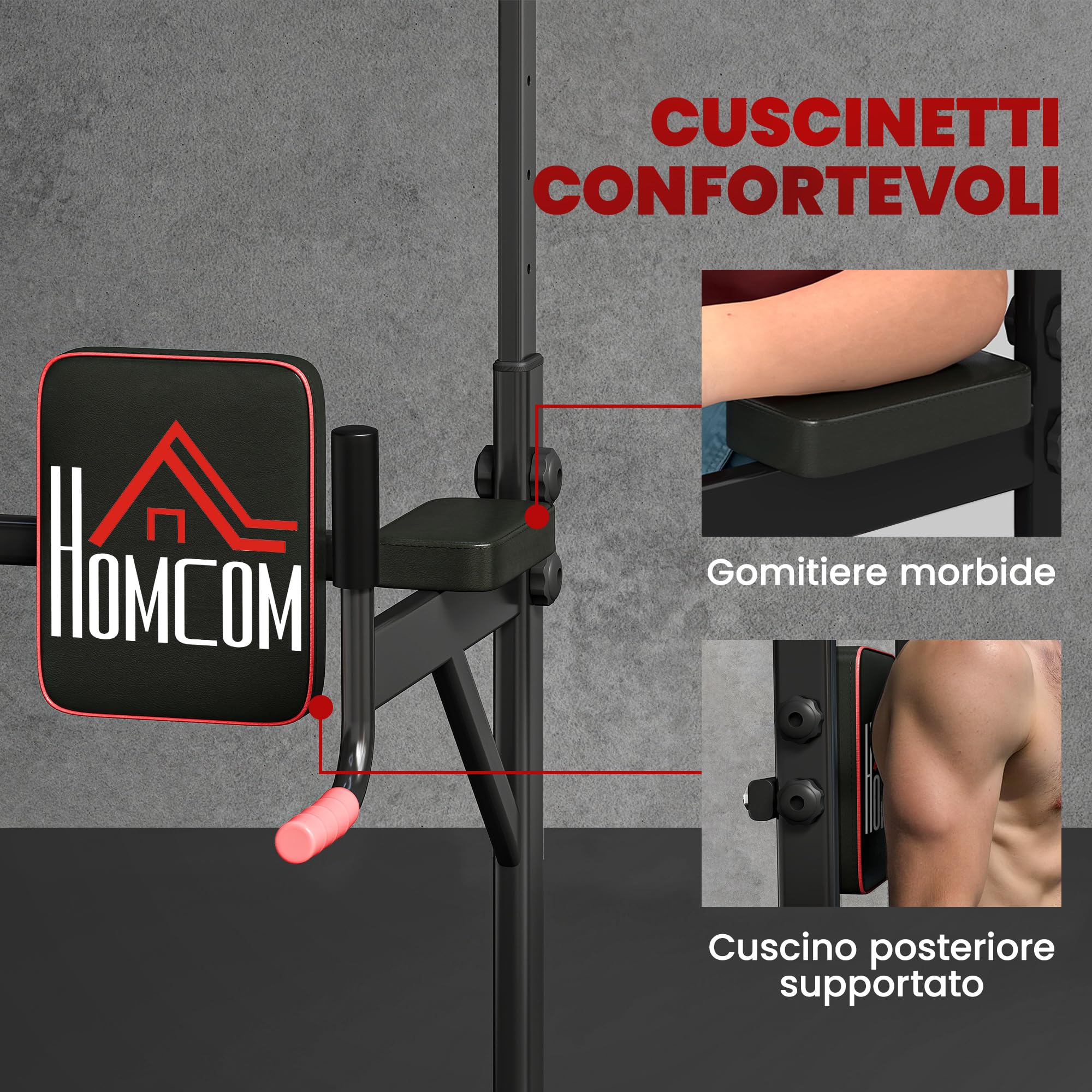 HOMCOM Barra per Trazioni Power Tower Stazione Fitness Multifunzione Regolabile 189-239cm in Acciaio Nero Rosso