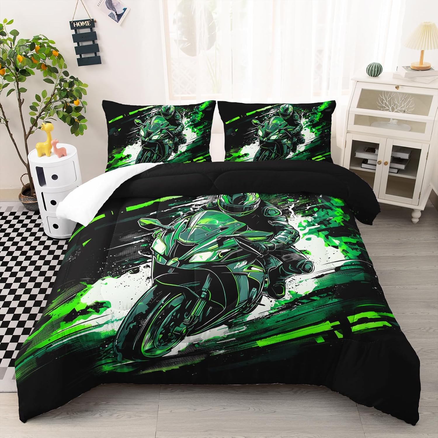 AILONEN Racing Bike Bedding 3 Piece Ensemble Sport Graphic Printed Microfiber Comforter Hidden Stitching Master Guest Room Bedspread