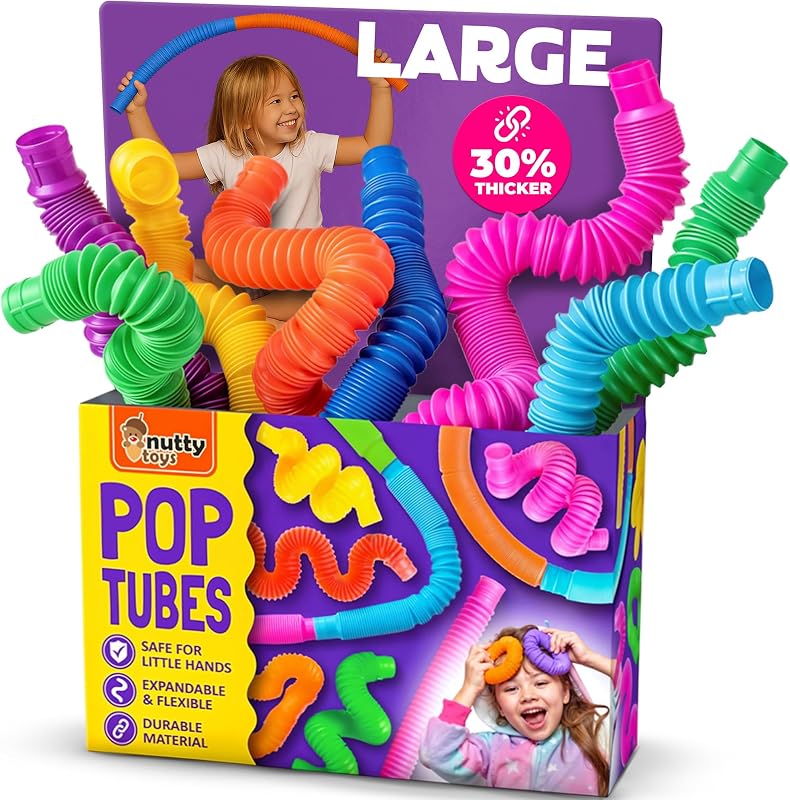 Nutty Toys Pop Tubes - Paquete de 4 juguetes sensoriales grandes - Aprendizaje STEM creativo para niños y niños pequeños - ¡Conecta y explota! Top Fidget para autismo con TDAH 2026, la mejor idea de regalo para rellenos de medias navideños para niños y niñas