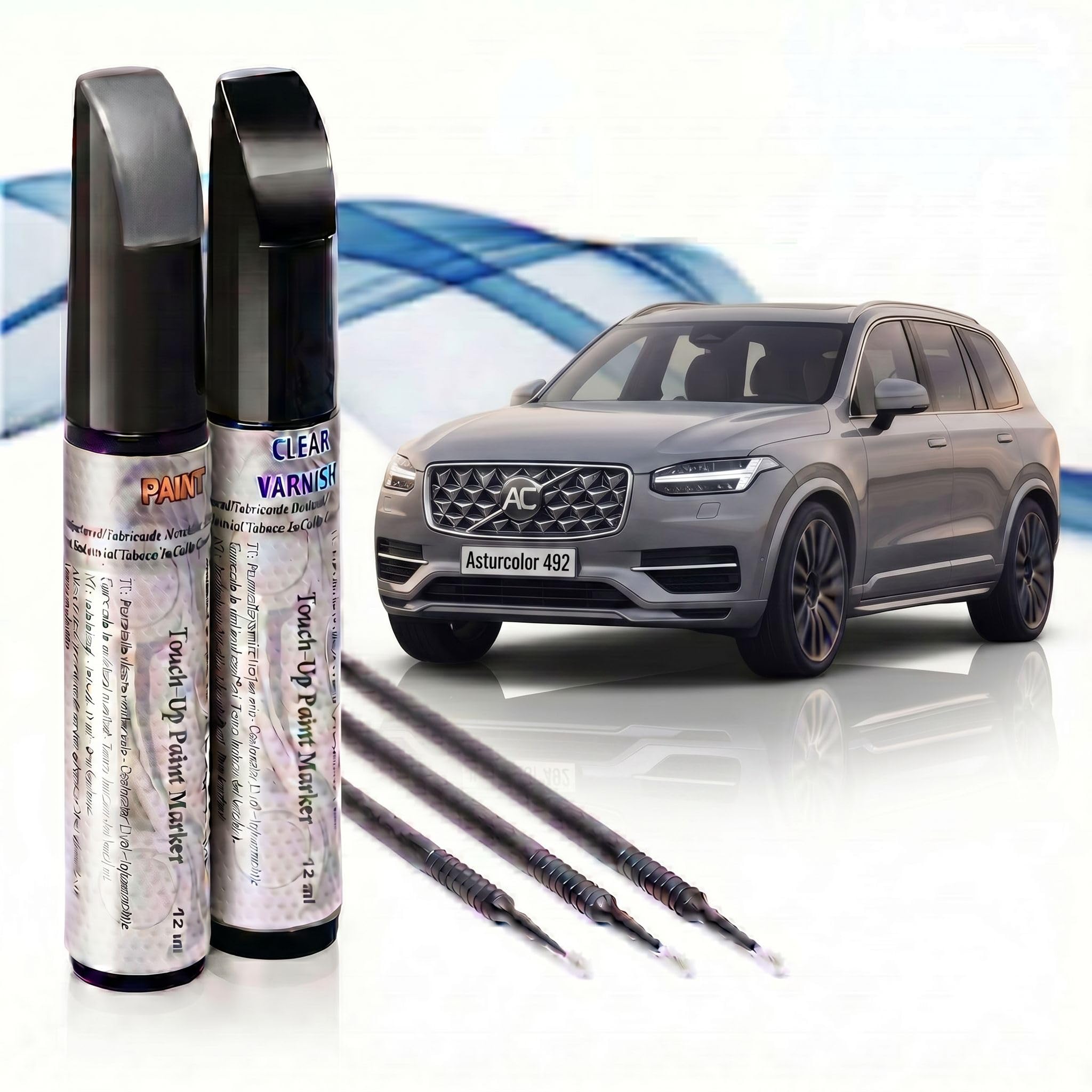Reparador Arañazos Coche, Lápiz Retoque Automóvil, Bolígrafo Reparaarañazos, 2 Piezas Pintura Retoque Volvo con Base + Laca, Fabricado en España (492 GRIS SAVILE PERLADO)