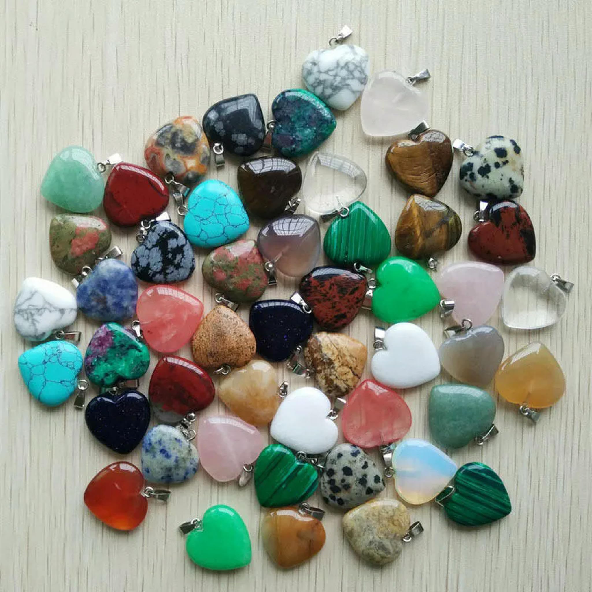 Vente en Gros 100 pièces 20MM Mixte Pendentif en Pierre de Coeur Naturelle Pendentifs en Argent avec Pierres précieuses