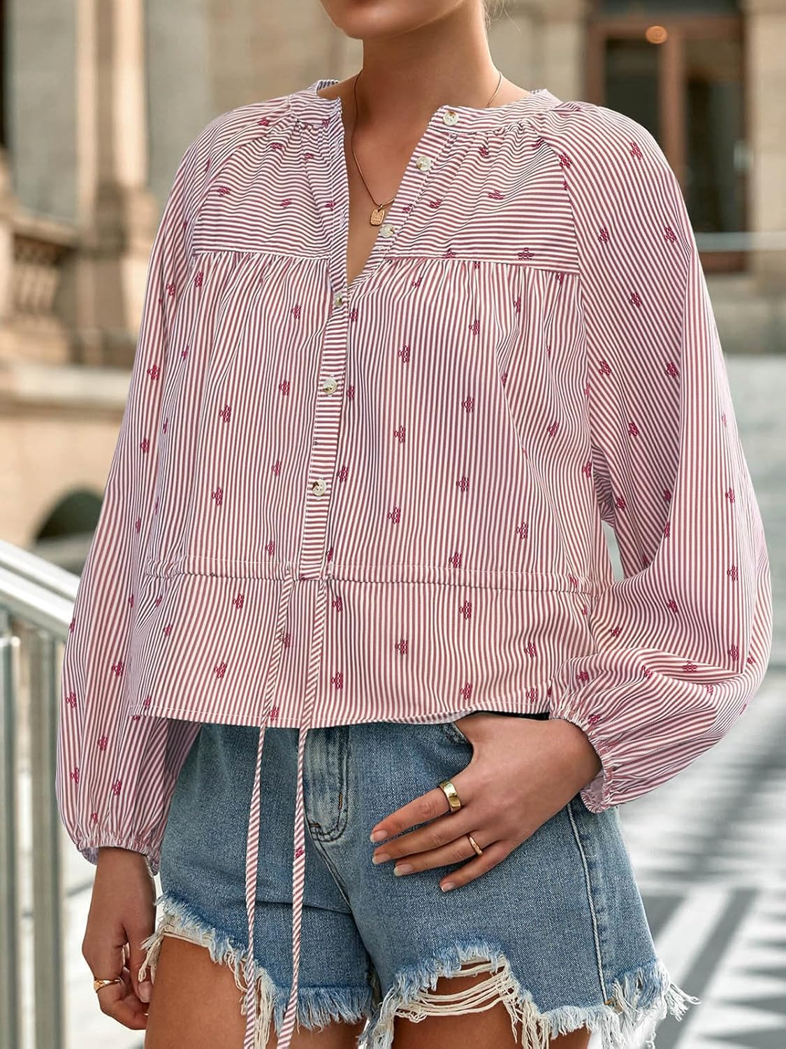 Tankaneo Womens Striped Cropped Button Down Shirts Puff Long Sleeve Peplum Tops Drawstring Waist Loose Fit Blouses - Image 3