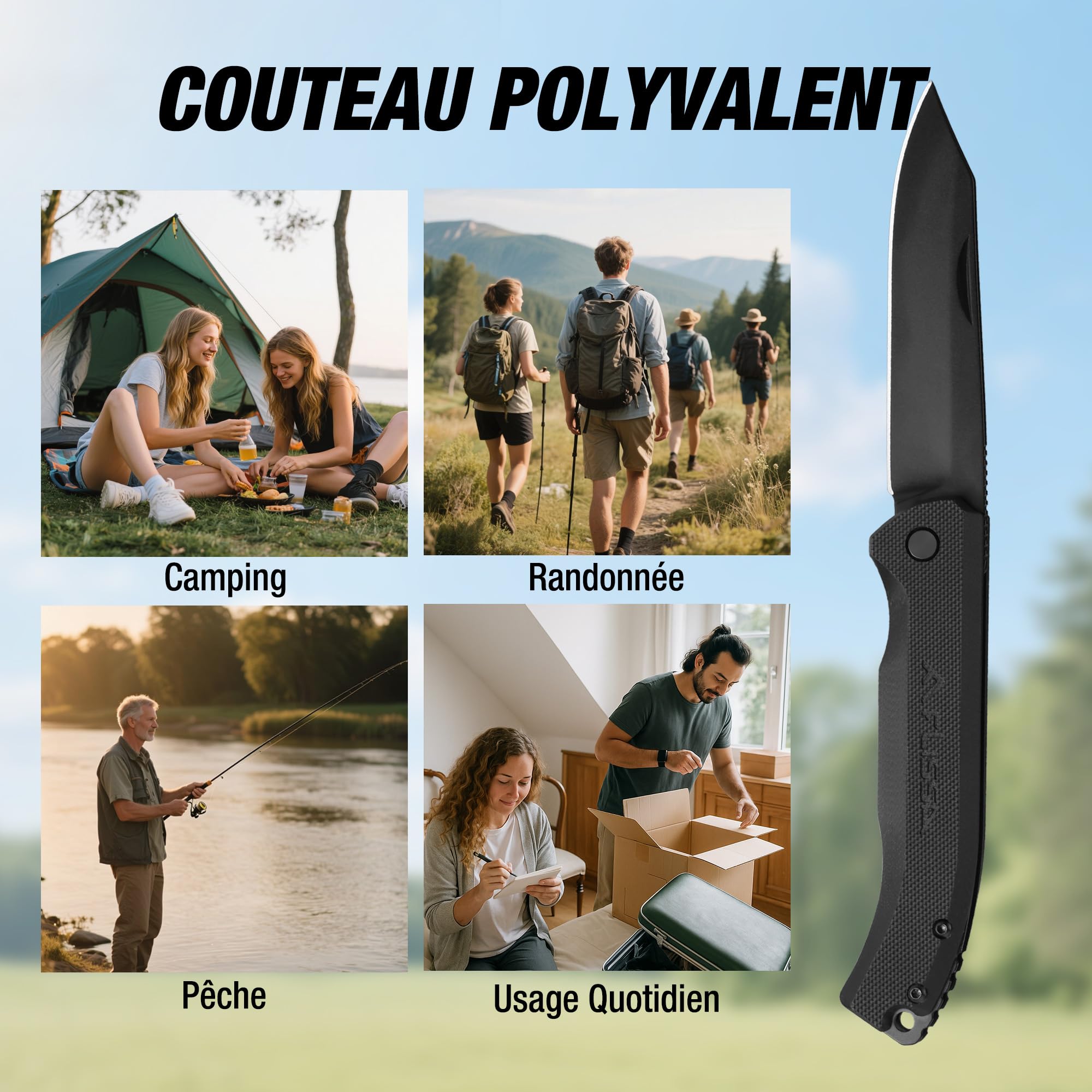 FLISSA Couteau Pliant de Poche en Acier 14C28N, Couteau Randonnée avec Manche G10, Clip de Ceinture, Idéal pour Camping, Alpinisme, Voyage, Usage Quotidien