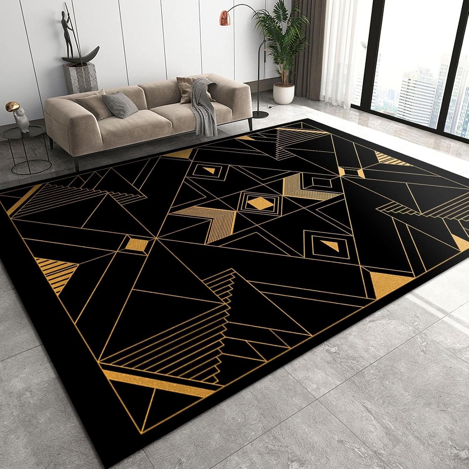 Vintage Greece Black Gold Art Area Rug, Abstract Geometry Line Rugs Floor Carpet, Indoor Non-Slip Rug for Room Sofa Living Room Mat Bedroom Home Decor Floor Mats 6ftx9ft
