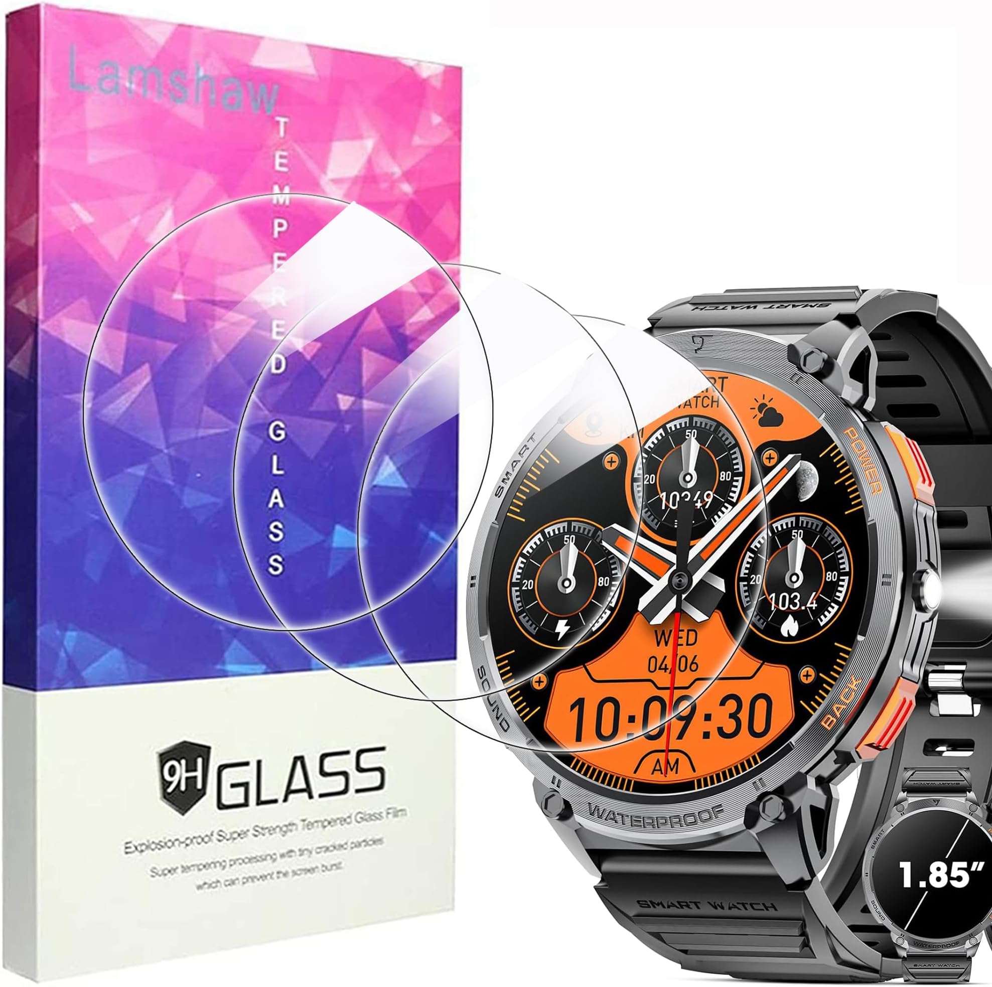 Lamshaw Compatible for Mingwear Military Smart Watch Screen Protector, [3 Pack] 9H Tempered Glass Screen Protector Film Compatible for Mingwear K68 1.85" Military Smart Watch (3 Pack)