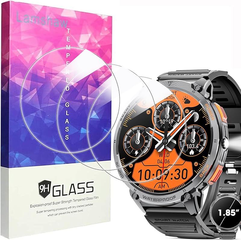 Lamshaw Compatible for Mingwear Military Smart Watch Screen Protector, [3 Pack] 9H Tempered Glass Screen Protector Film Compatible for Mingwear K68 1.85" Military Smart Watch (3 Pack)