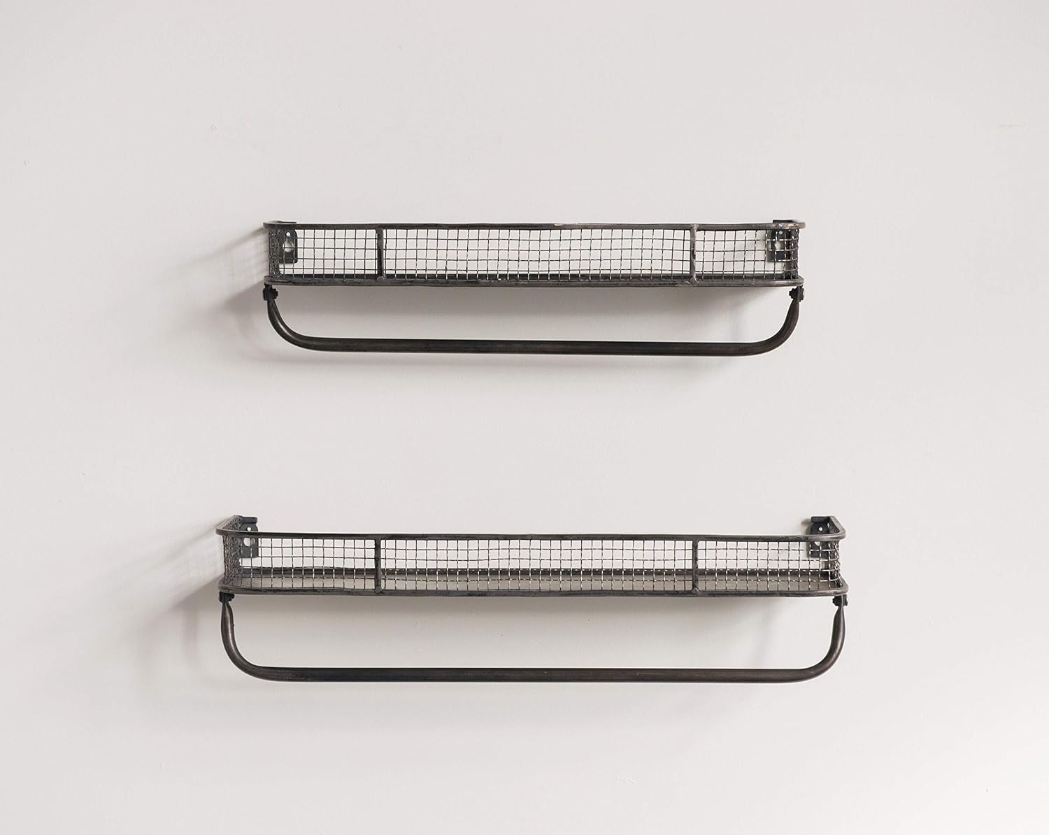 Gray Iron Floating Wall Shelves with Hanging Bar, Set of 2