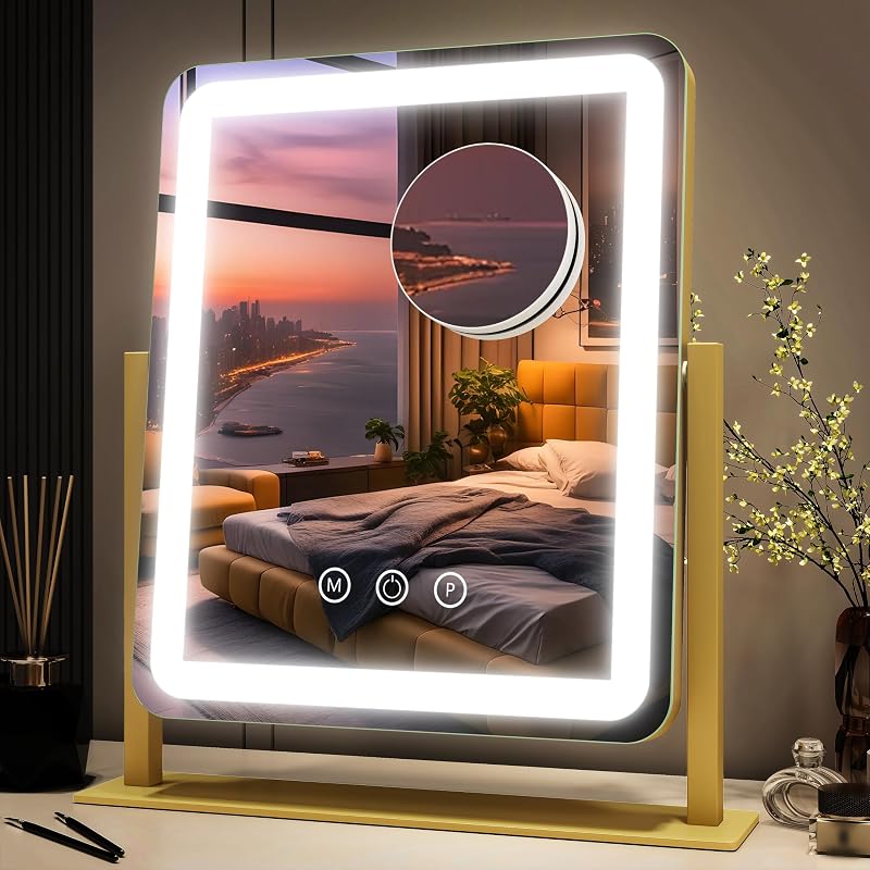 Espelho para maquiagem FENNIO com iluminação LED, 38,1 cm x 32 cm, 3 cores de luz, brilho ajustável, toque, moldura dourada