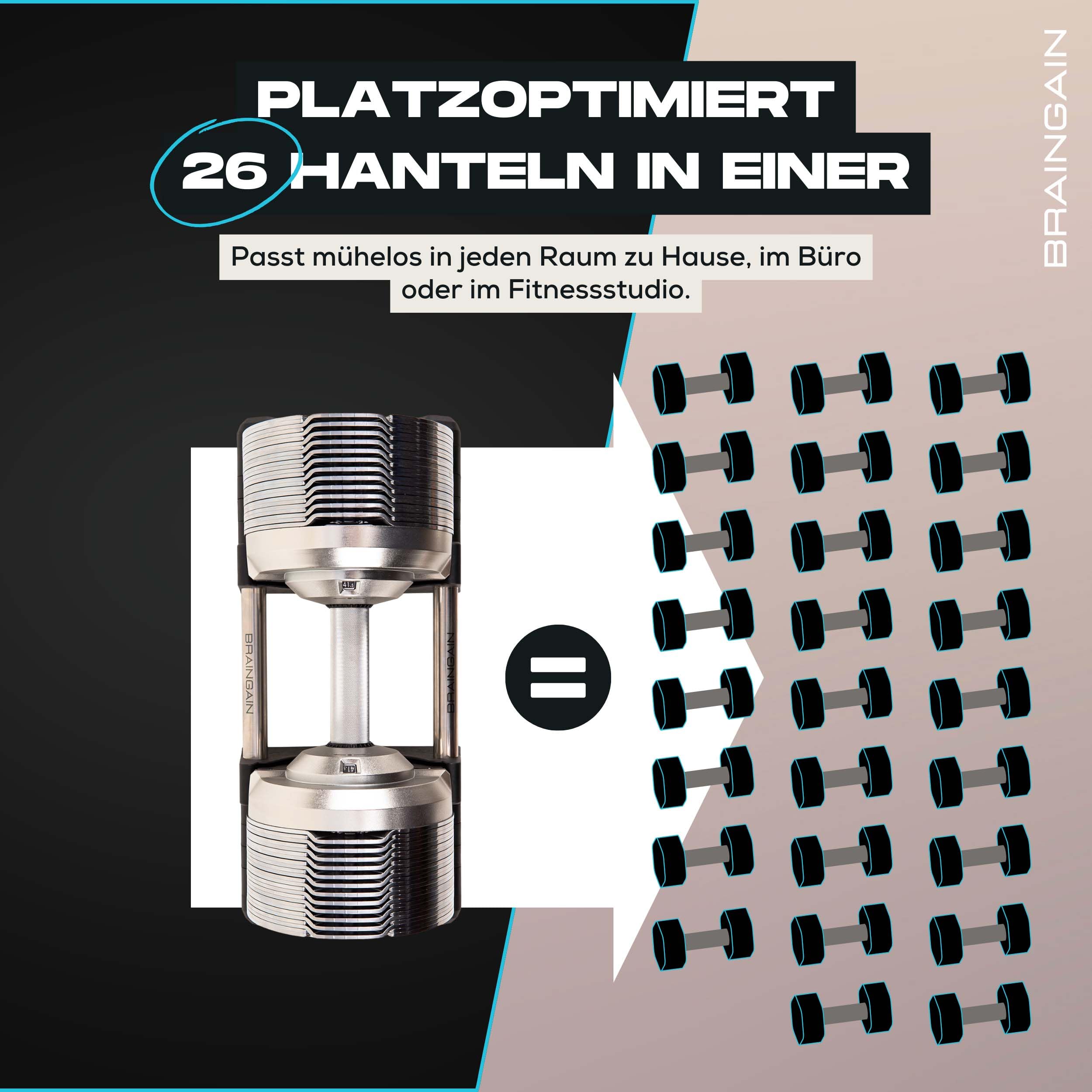 BRAINGAIN Verstellbare Kurzhantel Set 23,5kg / 32,5kg / 41,5kg – Jetzt mit 34mm Gen 4-Griff – Gewichte in 1 Sek wechseln – Platzsparendes Homegym – Mehrere Gewichte in einem – Chrom/Schwarz