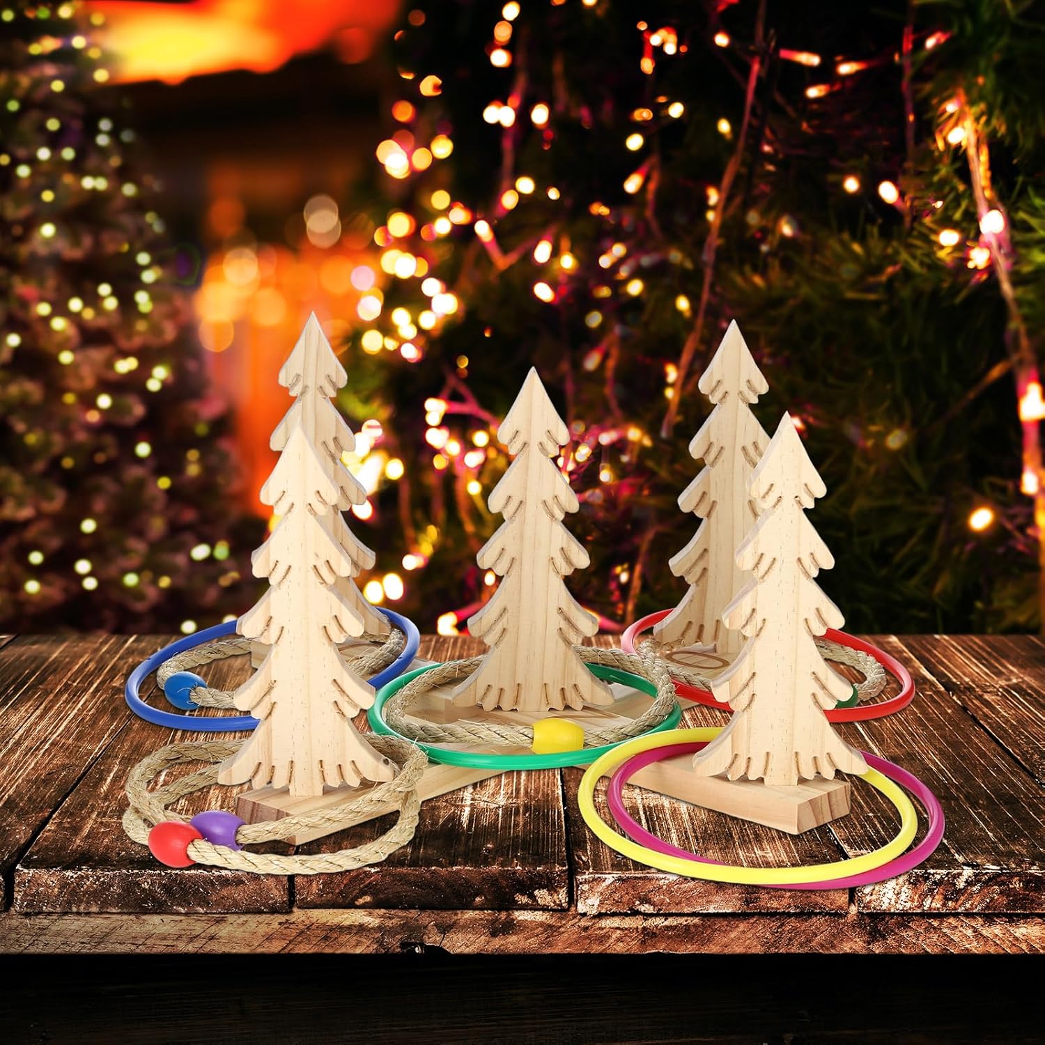 Liliful Christmas Wooden Tree Ring Toss Game Holiday Winter Party Game for Family Outdoor Indoor Yard Lawn Party Supplies 5 Scoreboard 10 Rings