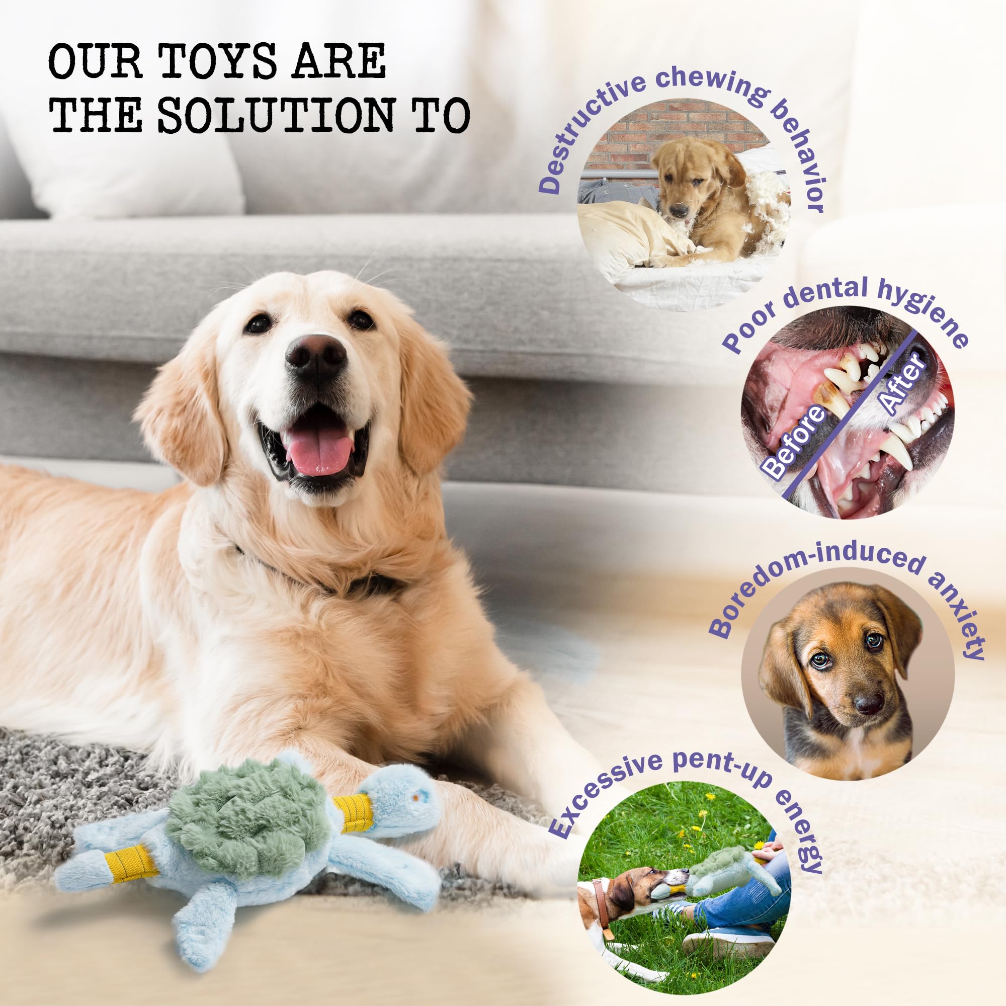 Fuzzwoof Jouet couineur pour chien, jouet tortue à tirer et froisser pour chien, jouet interactif en peluche robuste pour les garder occupés