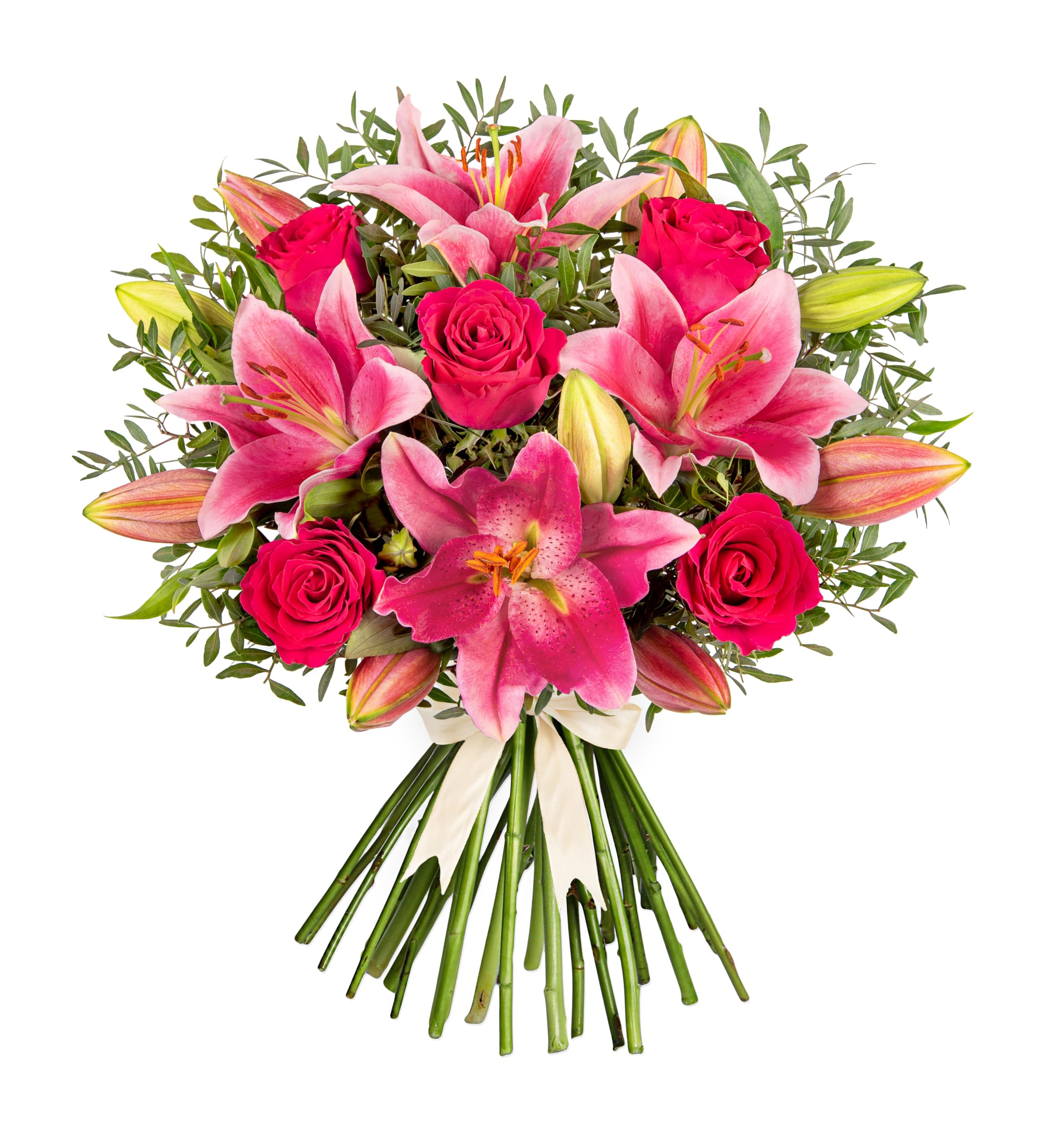Hand-Tied Fresh Flower Bouquet: Pink Roses and Lilies delivered for Birthdays & All Occasions!