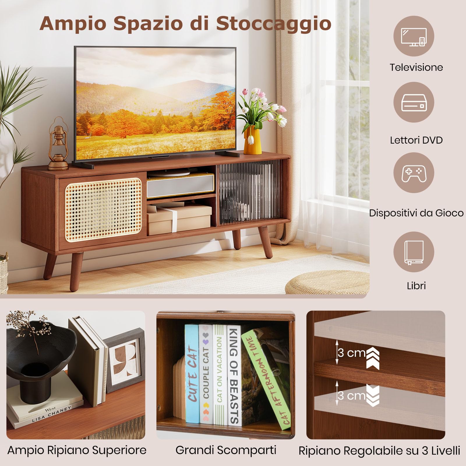 COSTWAY Mobile TV per TV Fino a 55", Mobile Porta TV Salloto, Mobiletto Soggiorno con 2 Ante Scorrevoli, Tavolo Consolle con Gambe in Legno Gamba, 120,5 x 31 x 45,5 cm (Marrone)