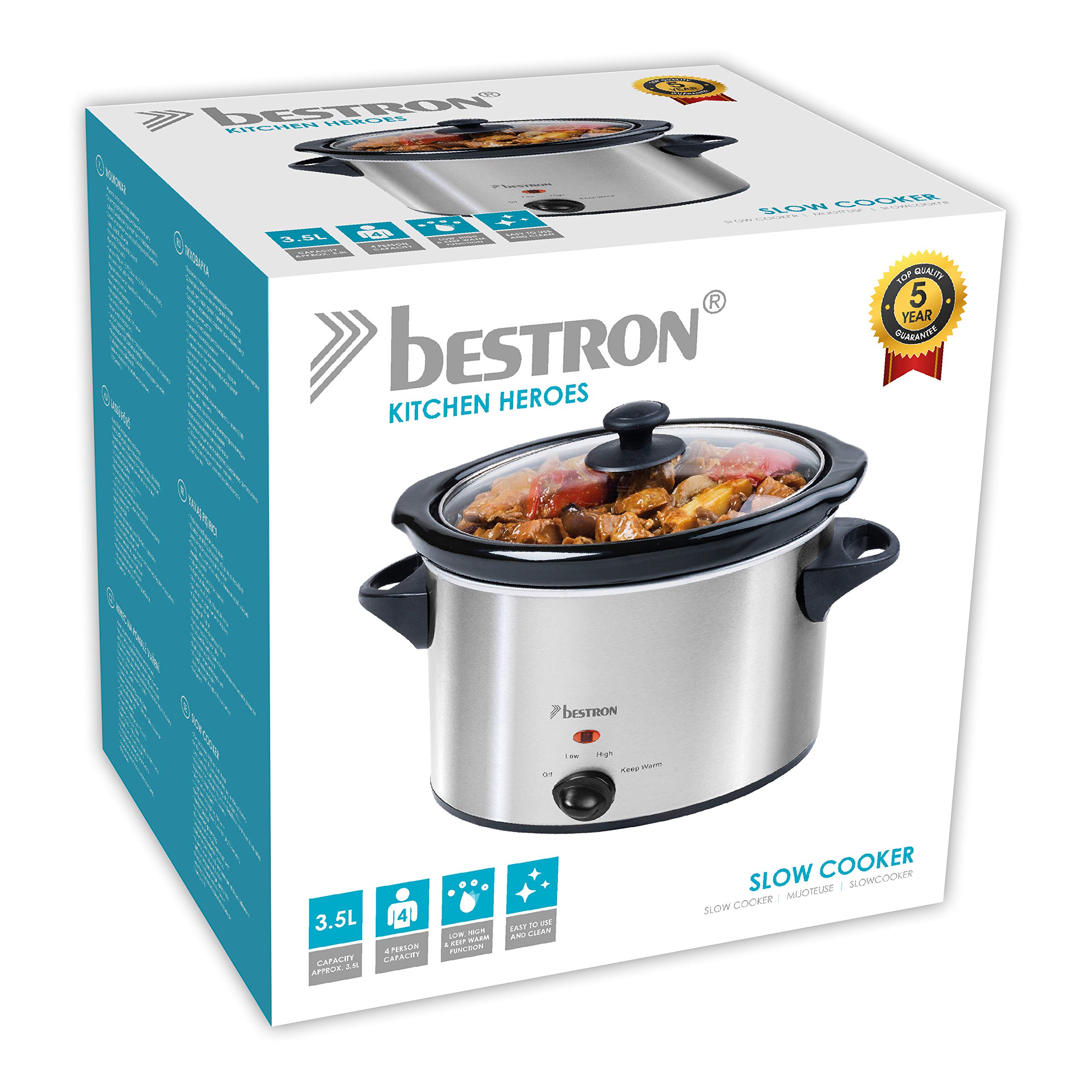 Bestron Olla de Cocción Lenta de Cerámica y Tapa de Vidrio, 3,5 Litros, 180 Vatios, Acero Inoxidable