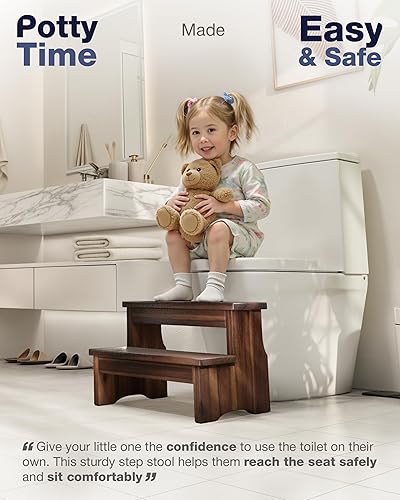 Miniatura 7 de Taburete de Madera de Dos Escalones, Escalera Resistente de 2 Escalones para Adultos y Niños, Soporta hasta 450 Libras para Cocina, Baño o Uso al