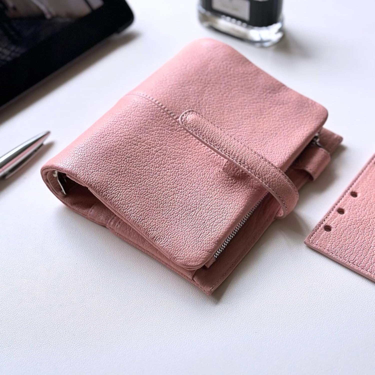 A6 Goat Genuine Leather Journal Notebook, Stalogy Rings Planner Pocket size Notebook with 30MM Binder Mini Agenda Diary (Dusty Pink)
