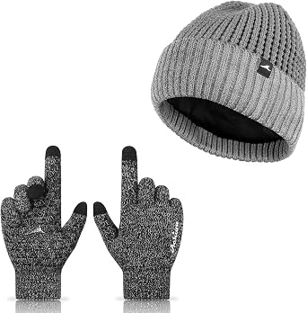 Achiou Gloves & Reflective Beanie Hatfor Men Women, Touch Screen Texting Warm Gloves with Thermal Soft Knit Lining,Elastic Cuff