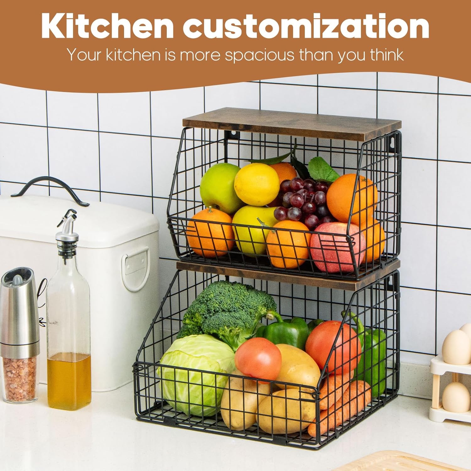 Kitchen Storage Baskets Fruit and Vegetable Baskets for Kitchen Countertop, 2 Sets Wire Wall Fruit Basket, 2 Tiered Hanging Produce Onion Potato Storage Snack Door Pantry Organizer