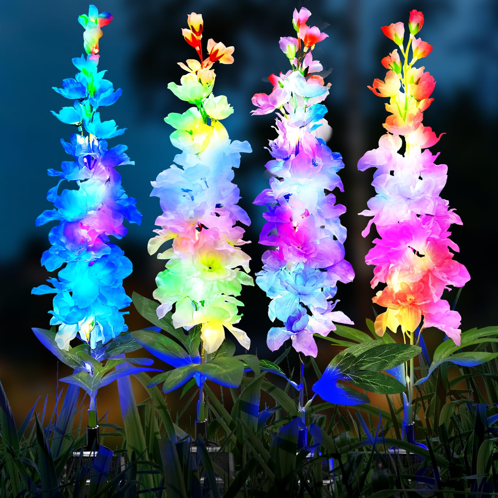 Solar Garden Lights 4 Pack Solar Delphinium Flowers Lights Waterproof Color Lights Upgraded Solar Panel 2 Light Modes Solar Outdoor Lights for Outdoor Outside Yard Garden Decorative Gift for Women