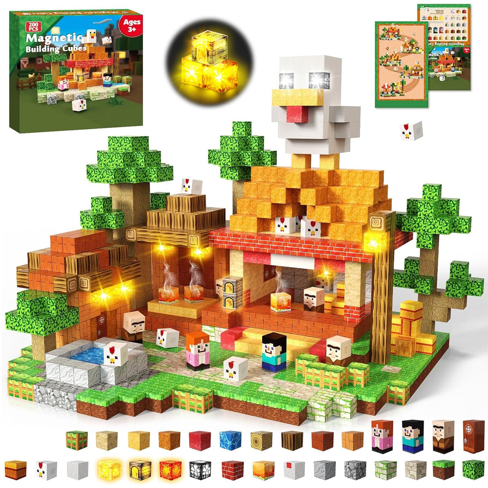 ToyUnited Magnetische Blöcke: Brathähnchen, 200 Stück, magnetische Bausteine, blinkende Lichtwürfel, stapelbare Fliesen, STEM Montessori, sensorisches Spielzeug für Kinder, Jungen, Mädchen, Alter 3, 4