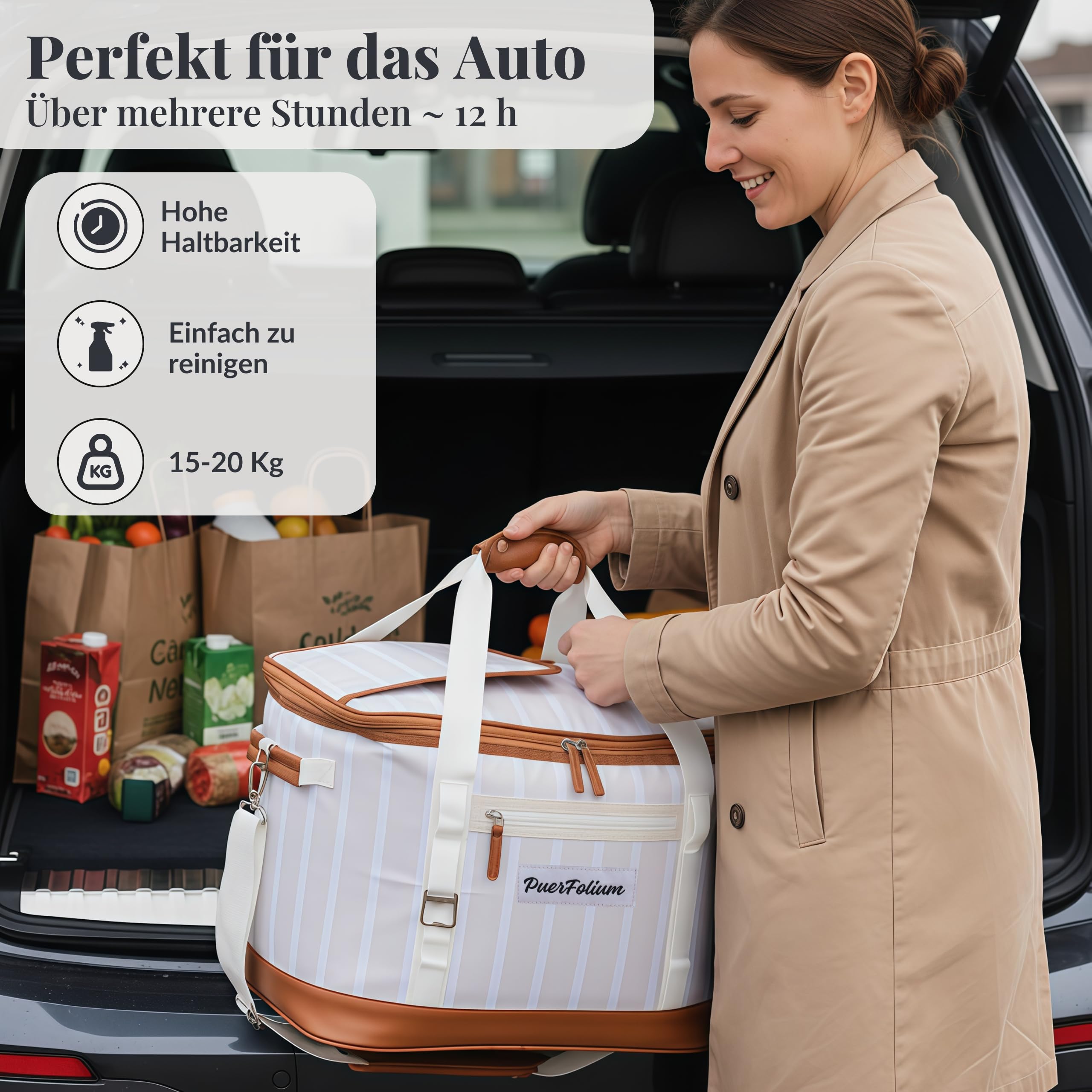 Kühltasche Groß Faltbar 45L Kühlbox für Einkauf Strand Auto Picknicktasche Einkaufskorb Lunchtasche Thermotasche Cooler Bag Unterwegs Passive Wasserdicht 12h Isoliert mit Klappe Retro XXL
