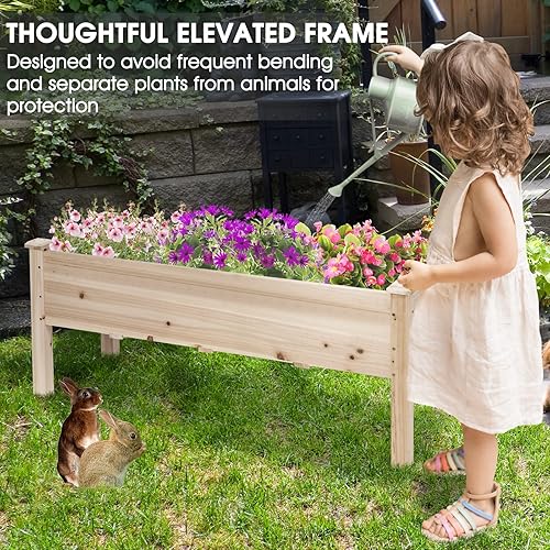 Miniatura 6 de HAPPYGRILL Jardinera elevada de madera con 5 agujeros de drenaje, contenedor de planta de cultivo de pie para patio, cubierta de invernadero