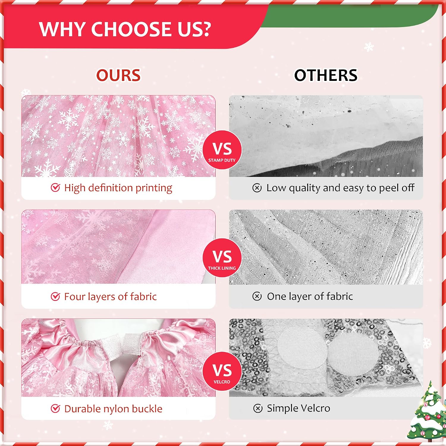 Christmas Wedding Tree Skirt, 4 Layer 47 in Snowflake Tulle Tree Decoration for Party Indoor, Fluffy Tree Cover Mat Ornament for Holiday, Pink