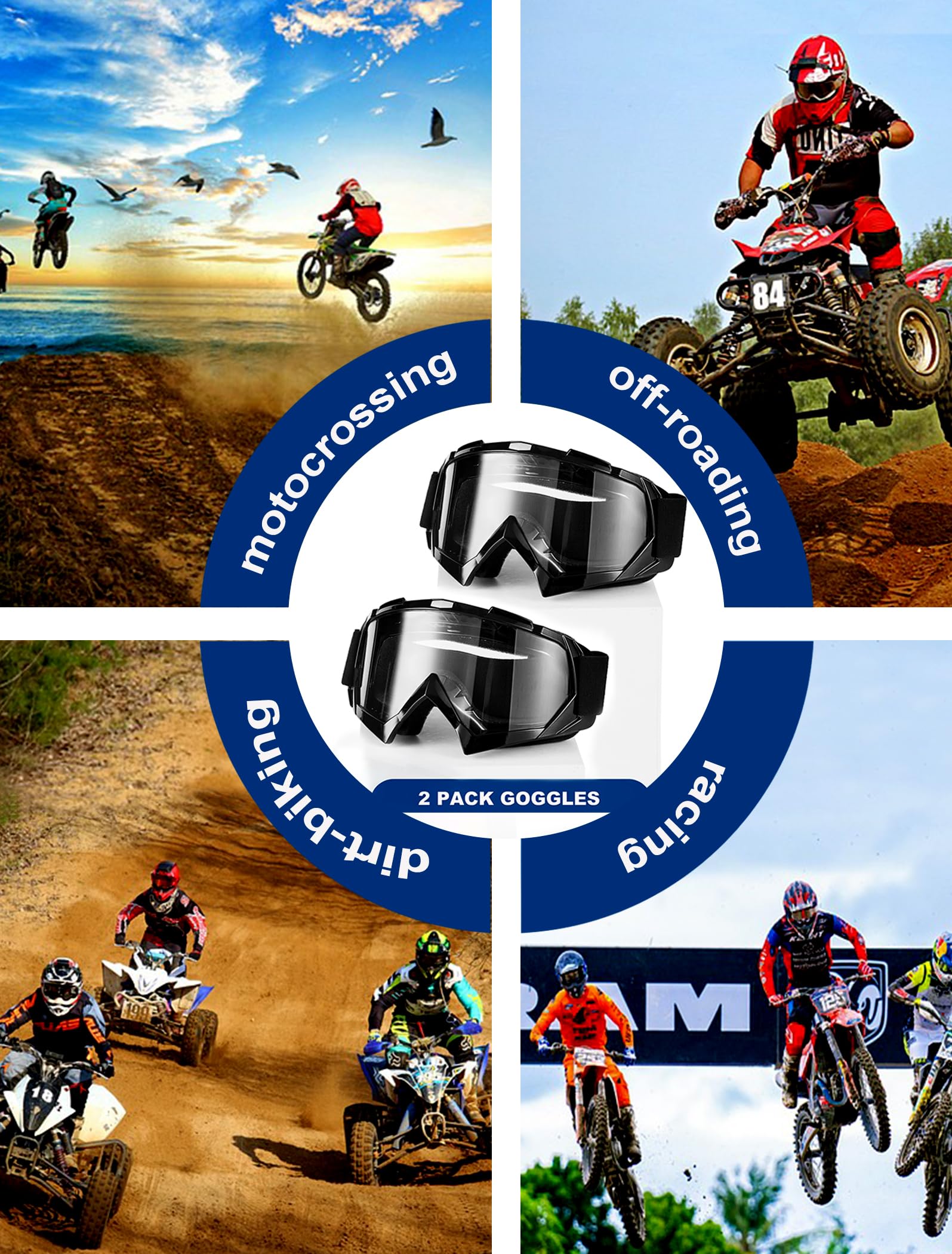 Motocross-Schutzbrille, staubdicht, winddicht, Offroad-Rennen, MX, Quad-Rad, für Erwachsene, Herren, Damen, Jugendliche, 2 Stück