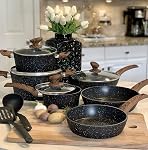 Induction Kitchen Cookware Sets - 12 Piece Cooking Pan Nonstick Set, Granite Black Pots and Pans Set