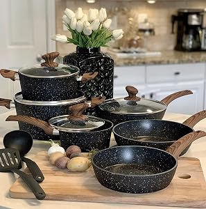 Induction Kitchen Cookware Sets - 12 Piece Cooking Pan Nonstick Set, Granite Black Pots and Pans Set