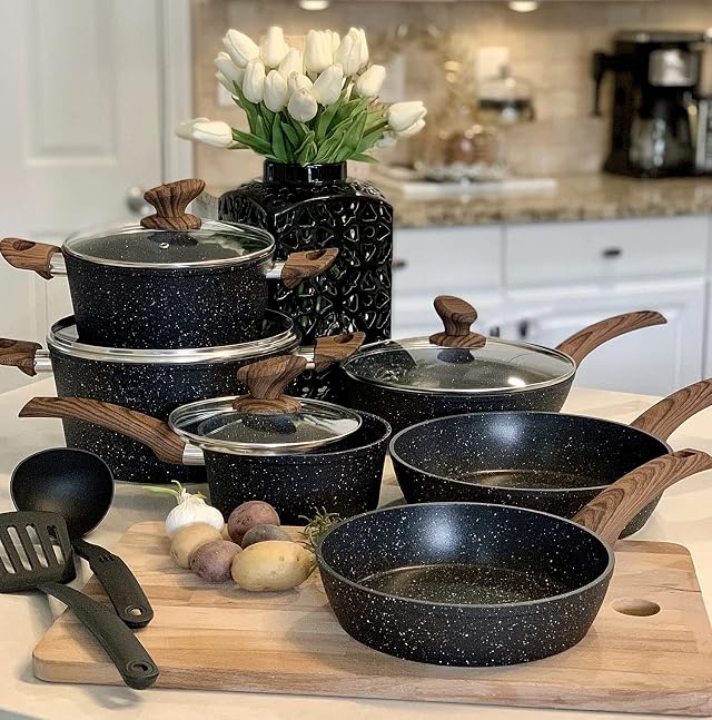 Kitchen Academy Pots and Pans Set Non Stick, 12pcs Induction Cookware | Nonstick Kitchen Cookware Set, Black Granite Cooking Pans, PFOS & PFOA Free, Easy Food Release, Fast & Even Heating