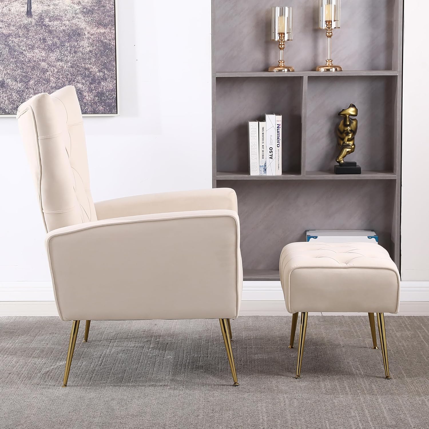 Velvet Accent Chair with Ottoman,Upholstered Tufted Wingback Arm Chair Modern Decorative Chairs with Gold Metal Legs for Bedroom Living Room (White,1 Chair)