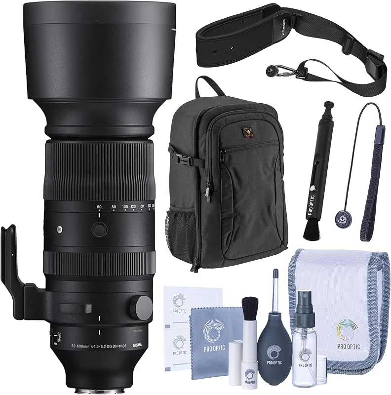 Sigma 60-600mm f/4.5-6.3 DG DN OS Sports Lens for Sony E, Full-Frame Super Telephoto Zoom, Bundle with Lens Backpack | Camera Strap | Cleaning Kit 4-Year Limited Warranty