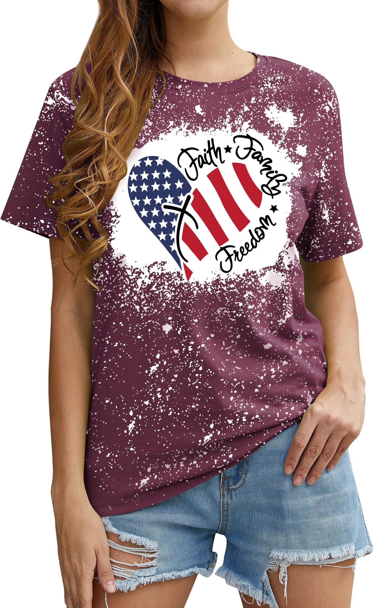 SiLing 4th of July Shirt Women Faith Family Freedom Letter Print American Flag Graphic T-Shirt