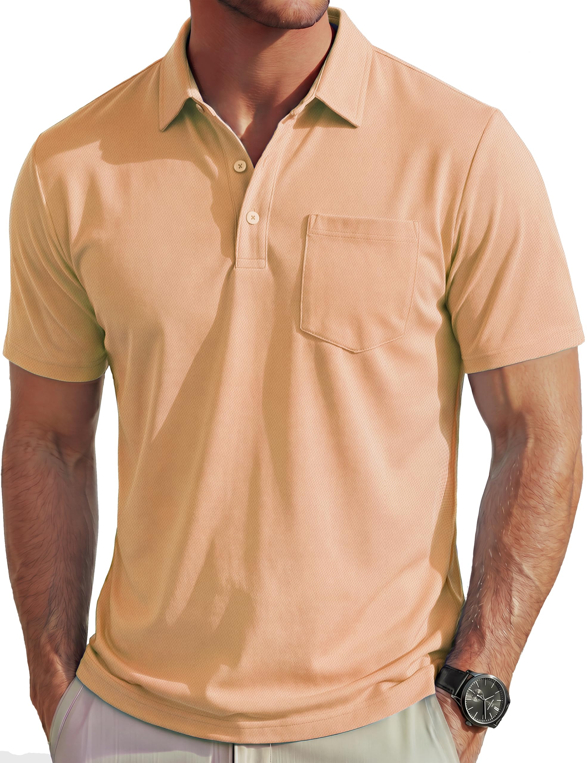 Photo 1 of ***DIFFERS SEE PHOTOS*** MAGCOMSEN Mens Polo Shirts Short Sleeve with Pocket Collared Shirt Moisture Wicking Quick Dry Performance Golf Polos Dry Fit Apricot