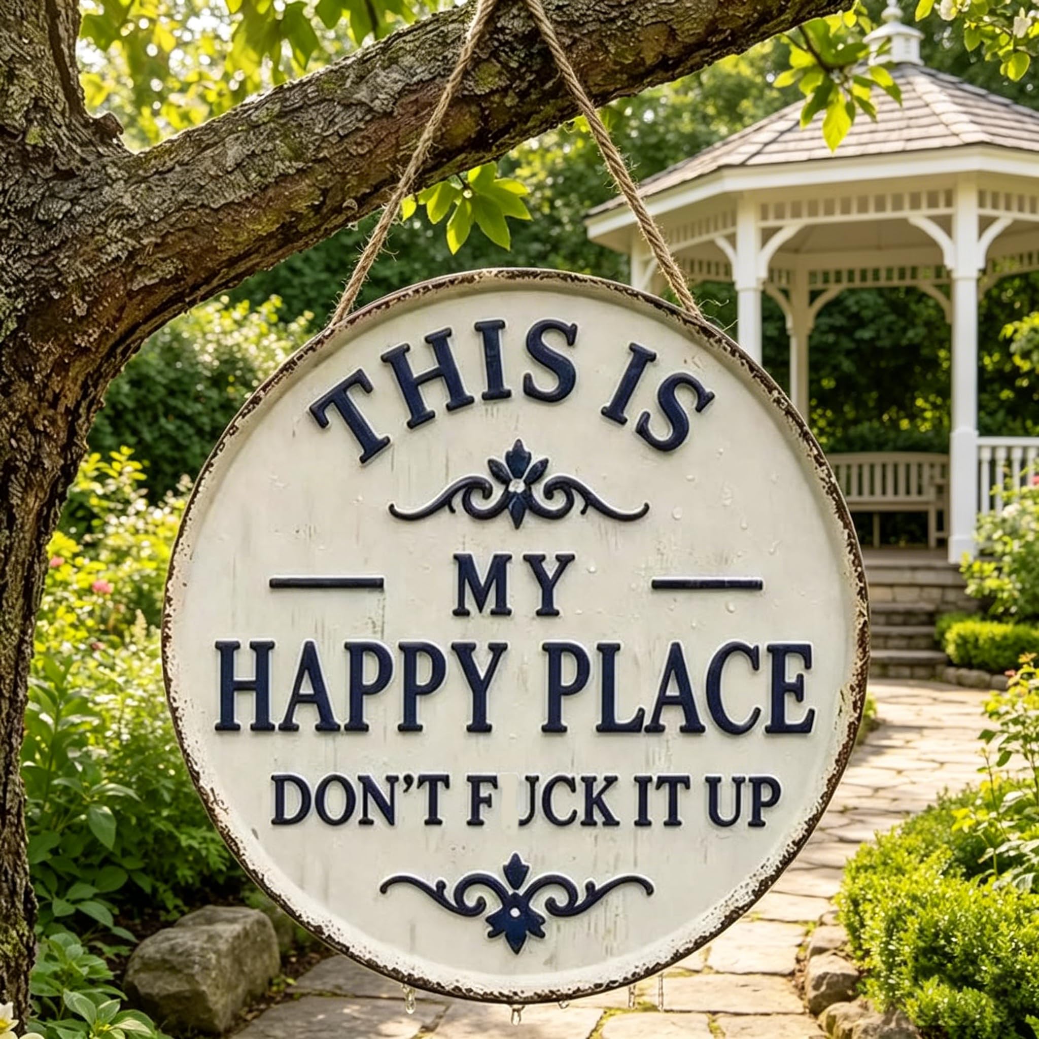 This is My Happy Place Sign,“This is My Happy Place Don’t FXXK It Up” Round Garden Wall Decor,Funny Garden Metal Sign,Outdoor Terrace Hanging Sign,for Front Door(Medium(12 inch))