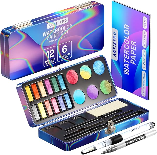 Chameleon Metallic Watercolor Paints Set of 18, Including 12 Metallic Glitter Watercolor and 6 Chameleon Colors. Perfect Travel Watercolor Set for Artists, Amateur Hobbyists and Painting Lovers