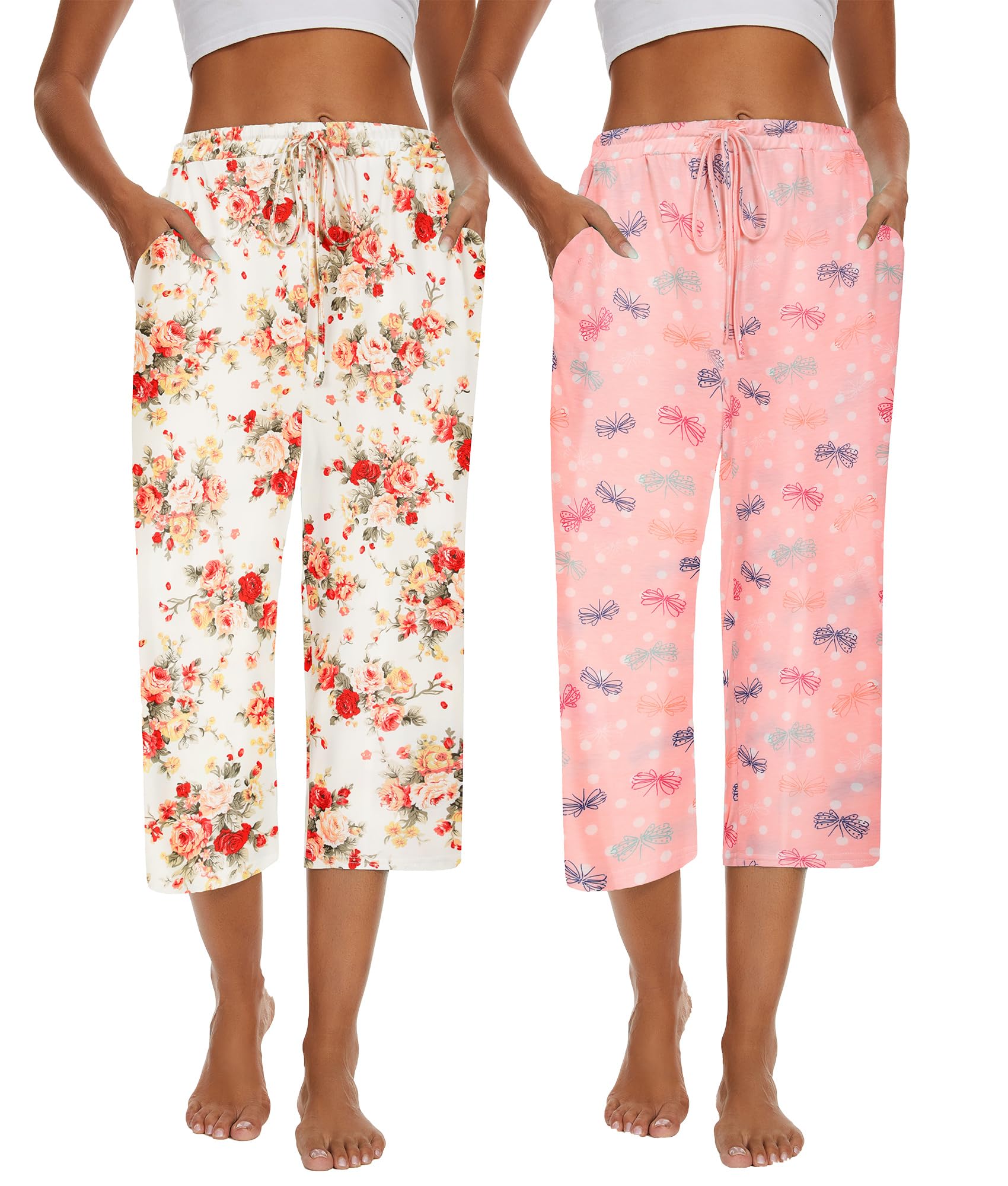 Kabento 2 Pack Womens Pajama Pants Capri Sleep Lounge Pants Drawstring Pj Bottoms with Pockets