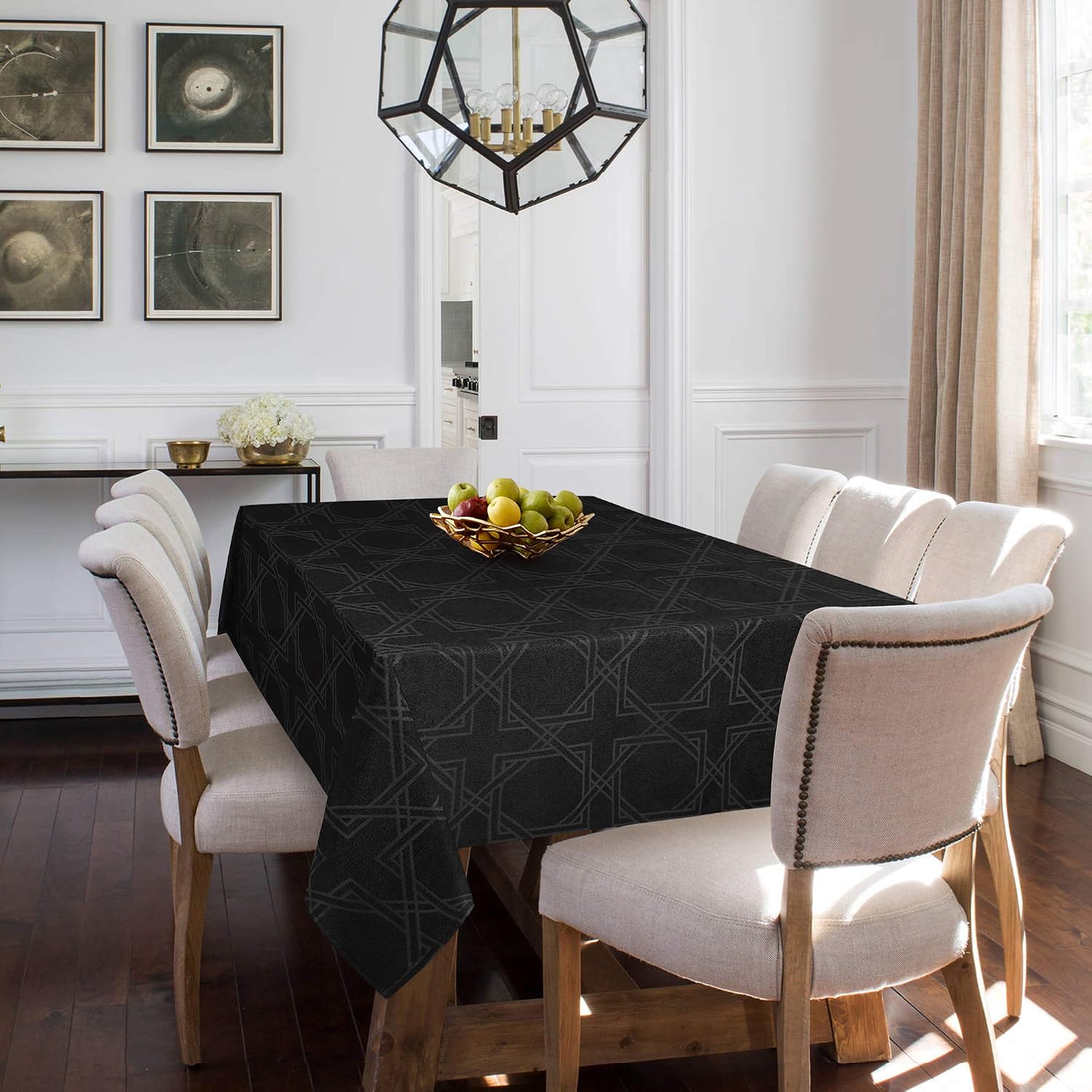 Hiasan Jacquard Rectangle Tablecloth with Geometric Pattern - Waterproof Wrinkle Resistant Washable Luxurious Fabric Table Cloth for Dining Room Party Kitchen, Black, 54 x 80 Inch