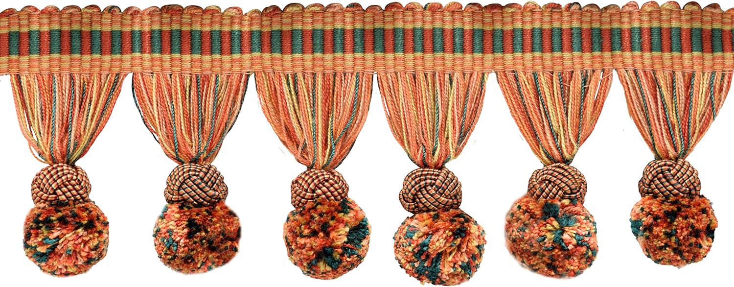 DÉCOPRO 3" Long (7.5cm) Marrakesh Collection Pompom Tassel Fringe Trim with Fancy Woven Gimp Header (PPFRW) Holly Red Multicolor #VL01 (Wine Red Pine Green Pure White) 12 Yards (36 ft/11m)