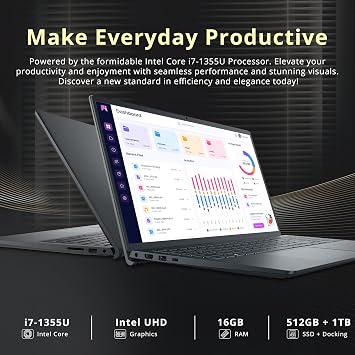 Dell 15 15.6 FHD Touchscreen Laptop, Intel Core i7-1355U, 16GB DDR5, 1.5TB Storage(512GB SSD+1TB Docking Station Set), Intel UHD Graphics, Numeric Keypad, 720p HD Camera, Wi-Fi 6, Win 11 Pro, Black