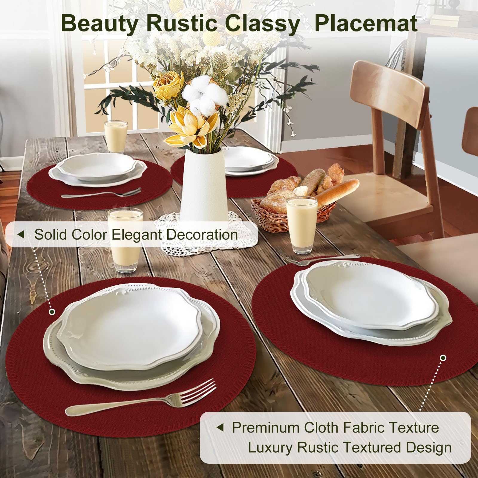 Rinpon Round Placemats Set of 8, Machine Washable Linen-Like Cloth Place Mats & Heat-Resistant for Dining Table - Image 2