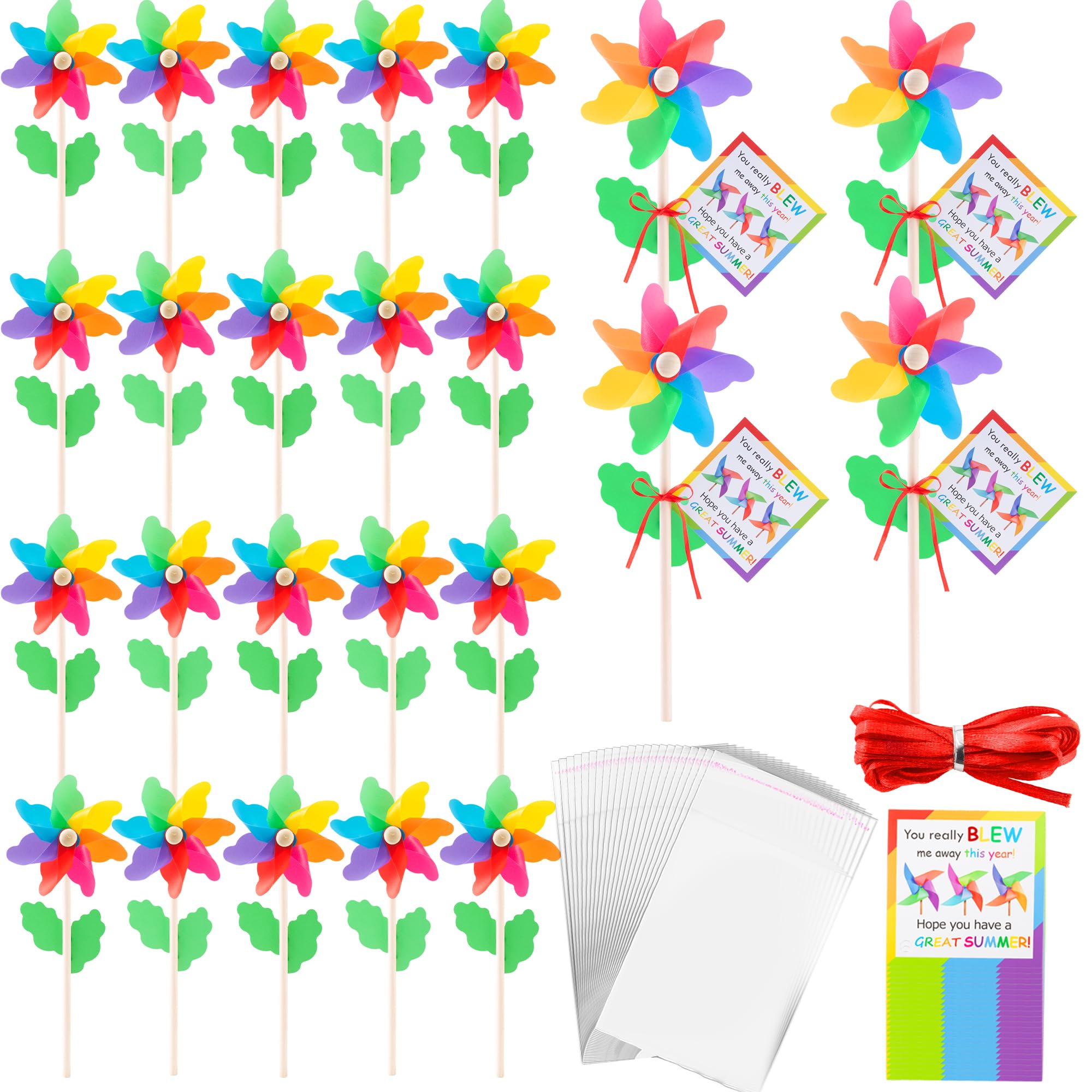 24 Pack End of Year Gifts Pinwheels for Kids Students Rainbow Flower Wind Spinners for Yard and Garden with 24 Pcs Cards and 16 ft Silk Ribbon,Wind Sculptures for Outdoor Decorations Party Favors