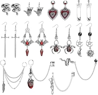 Gothic Punk Vintage Earrings Set Goth Grunge Rock Emo Jewelry Retro Silver Bat Snake Pentagram Sword Red Heart Skull Spider Dangle Stud Earring Chain Ear Cuff Trendy Halloween Earrings for Women