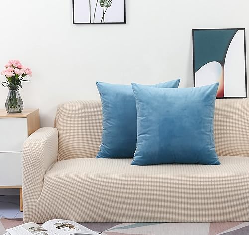 Miniatura 2 de TangDepot Juego de 2 fundas de almohada de terciopelo súper suaves, fundas de almohada europeas (24 x 24 pulgadas, 2 piezas, A02 azul)