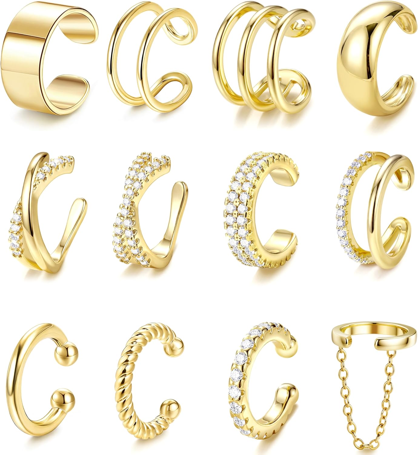 LOLIAS 12PCS 14K Gold Plated Non-Piercing Ear Cuffs for Women - Adjustable Clip-On Cartilage Fake Earrings Set
