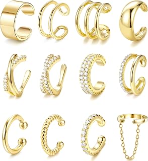 LOLIAS 12PCS 14K Gold Plated Non-Piercing Ear Cuffs for Women - Adjustable Clip-On Cartilage Fake Earrings Set