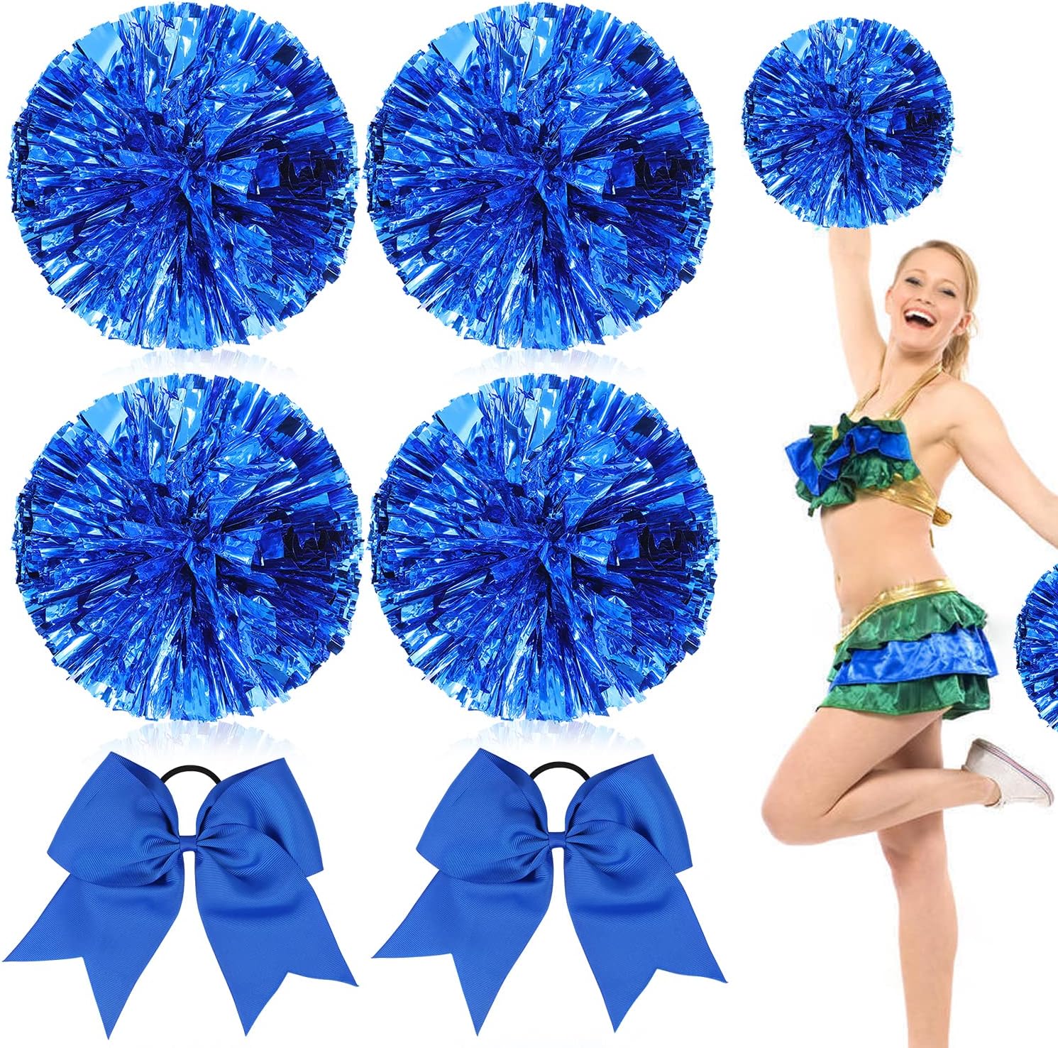 6PCS Cheerleading Pom Poms Pack, UHOMENY Blue Cheer Pom Pom with Baton Handle and